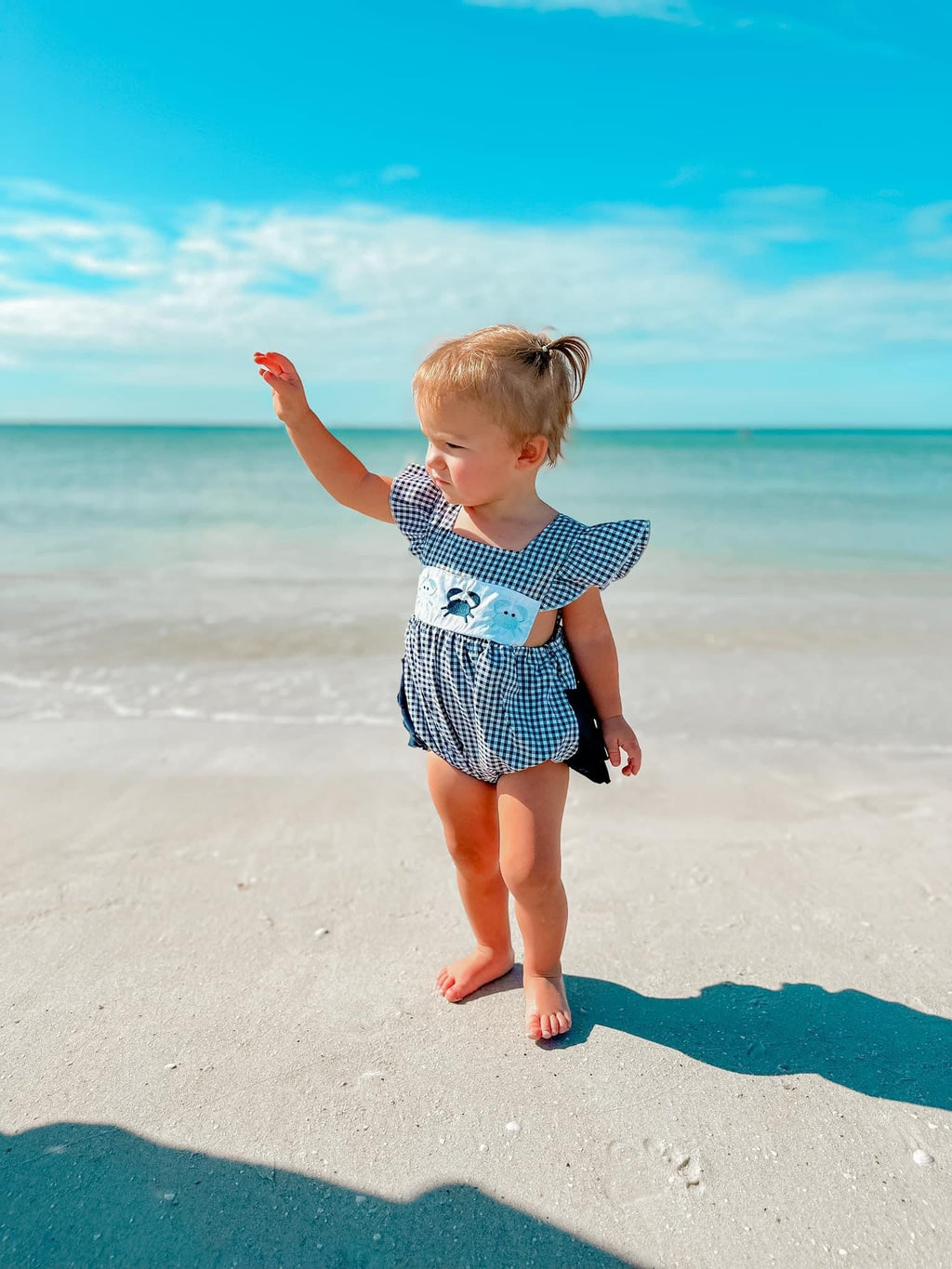 Blue crab beach embroidered romper