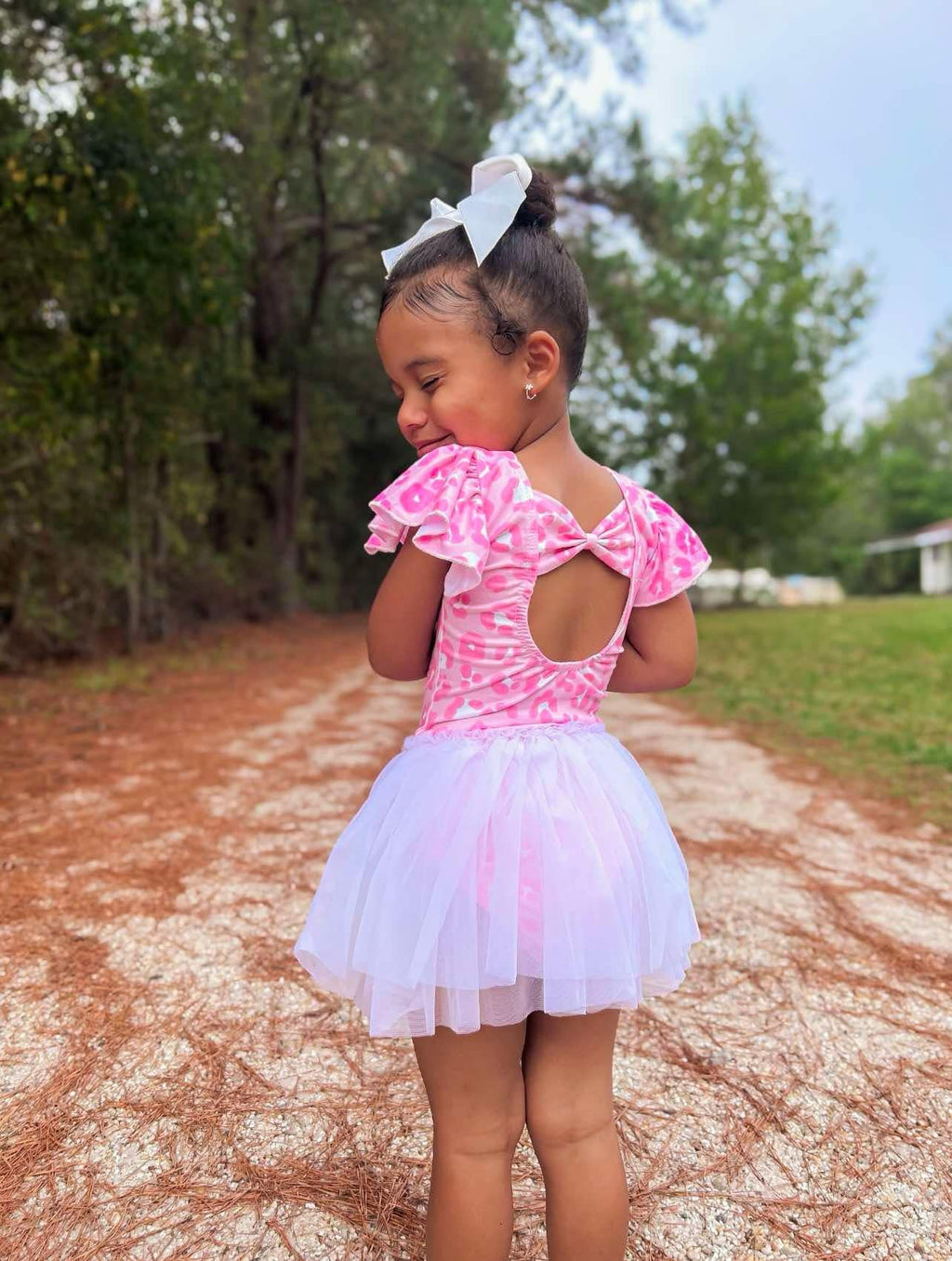 Pink leopard bow back leotard