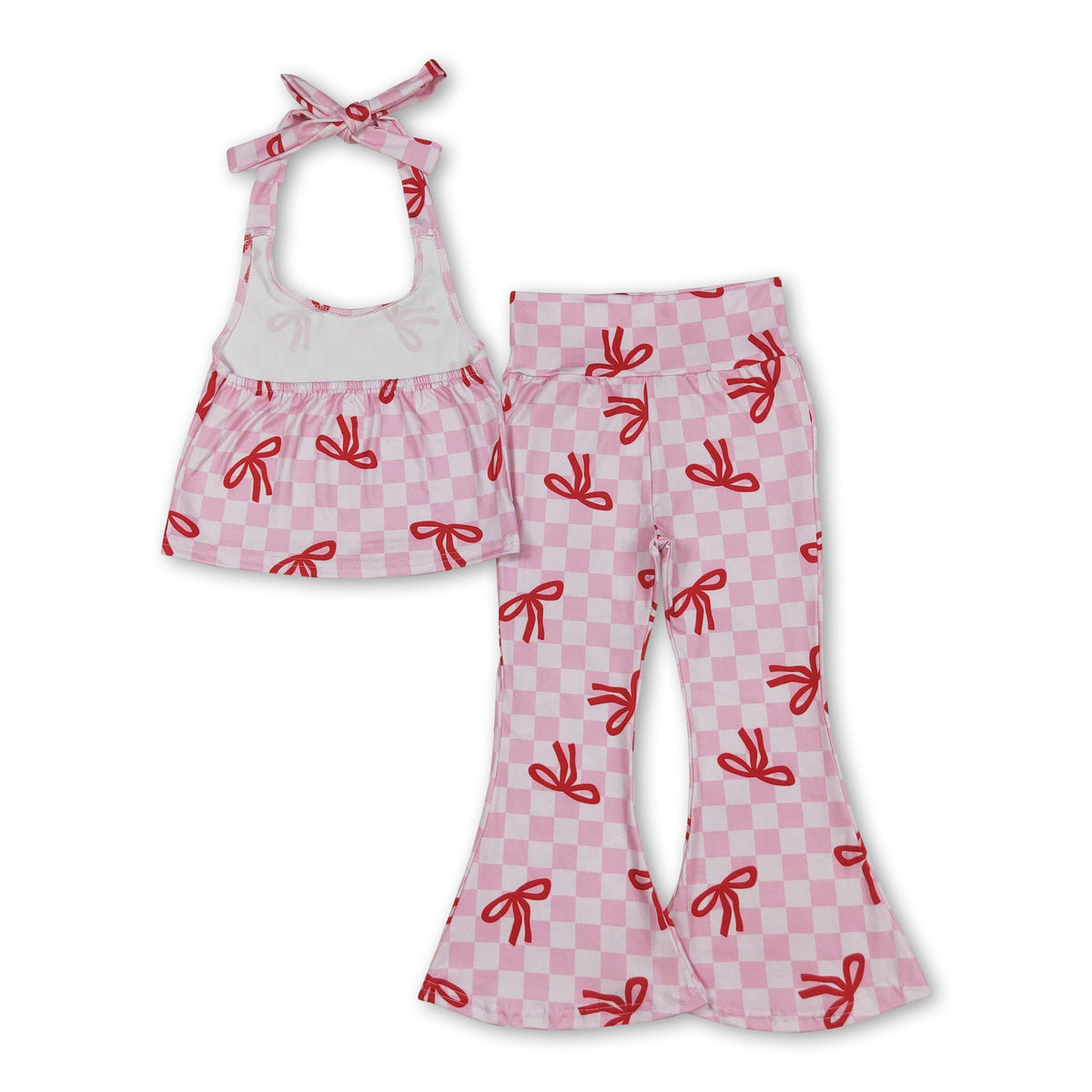 Pink plaid bow halter top bell bottom pants girls clothes