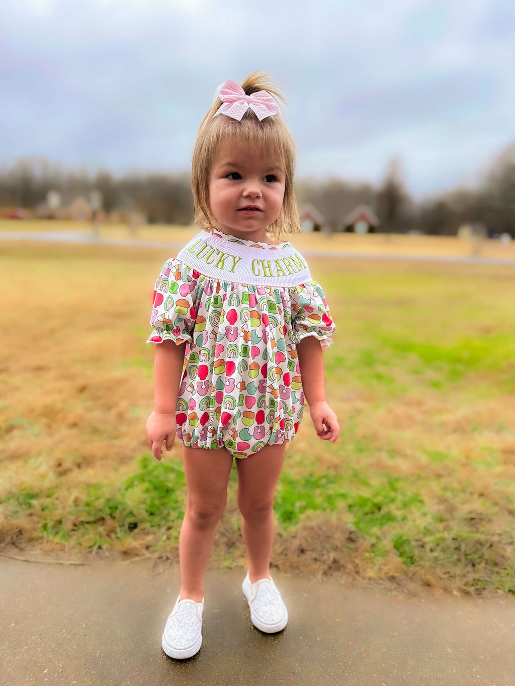 Smocked lucky charm girl romper