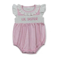 Flutter sleeves LIL SISTER smocked stripe baby romper