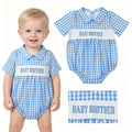 Blue plaid short sleeves baby brother smocked boy romper